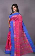 Bengal Tangail Hazar Butti Jacket Matta Thread Nakshi Border Cotton Saree in Cerise Pink, Beige and Warm Blue