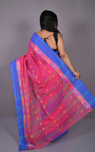 Bengal Tangail Hazar Butti Jacket Matta Thread Nakshi Border Cotton Saree in Cerise Pink, Beige and Warm Blue
