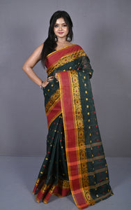 Matta Border with Lotus and Paisley Nakshi Work Bengal Tangail Hazar Butti Cotton Saree in Bottle Green, Red Brown and Golden Yellow