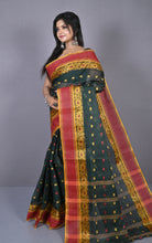 Matta Border with Lotus and Paisley Nakshi Work Bengal Tangail Hazar Butti Cotton Saree in Bottle Green, Red Brown and Golden Yellow