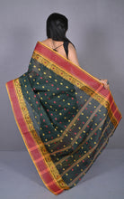 Matta Border with Lotus and Paisley Nakshi Work Bengal Tangail Hazar Butti Cotton Saree in Bottle Green, Red Brown and Golden Yellow