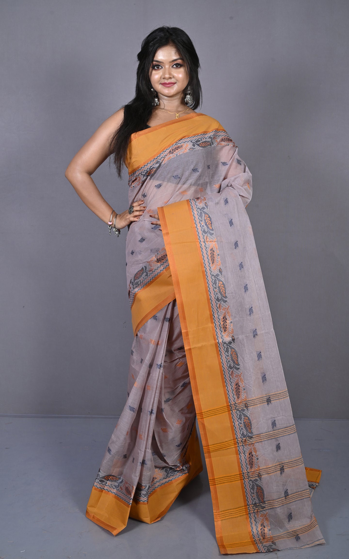 Bengal Tangail Hazar Butti Jacket Matta Thread Nakshi Border Cotton Saree in Dusty Grey, Black and Dull Orange