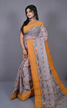 Bengal Tangail Hazar Butti Jacket Matta Thread Nakshi Border Cotton Saree in Dusty Grey, Black and Dull Orange