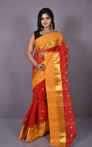 Designer Matta Border Bengal Tangail Hazar Butti Cotton Saree in Red and Yellow