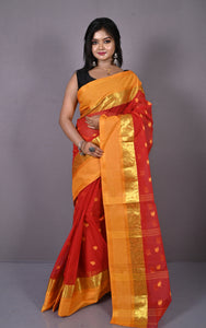 Designer Matta Border Bengal Tangail Hazar Butti Cotton Saree in Red and Yellow