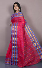 Designer Bengal Tangail Hazar Butti Cotton Saree in Hot Pink, Blue and Beige