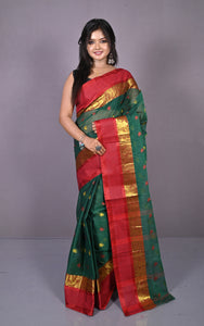 Designer Matta Border Bengal Tangail Hazar Butti Cotton Saree in Bottle Green and Red