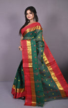 Designer Matta Border Bengal Tangail Hazar Butti Cotton Saree in Bottle Green and Red