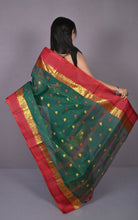 Designer Matta Border Bengal Tangail Hazar Butti Cotton Saree in Bottle Green and Red