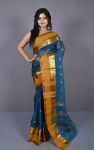 Designer Matta Border Bengal Tangail Hazar Butti Cotton Saree in Denim and Brownish Orange