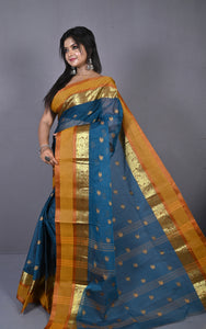 Designer Matta Border Bengal Tangail Hazar Butti Cotton Saree in Denim and Brownish Orange