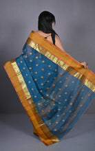 Designer Matta Border Bengal Tangail Hazar Butti Cotton Saree in Denim and Brownish Orange