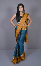 Designer Matta Border Bengal Tangail Hazar Butti Cotton Saree in Denim and Brownish Orange