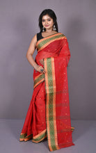 Thread Nakshi Woven Work Bengal Tangail Hazar Butti Cotton Saree in Red, Green and Warm Beige