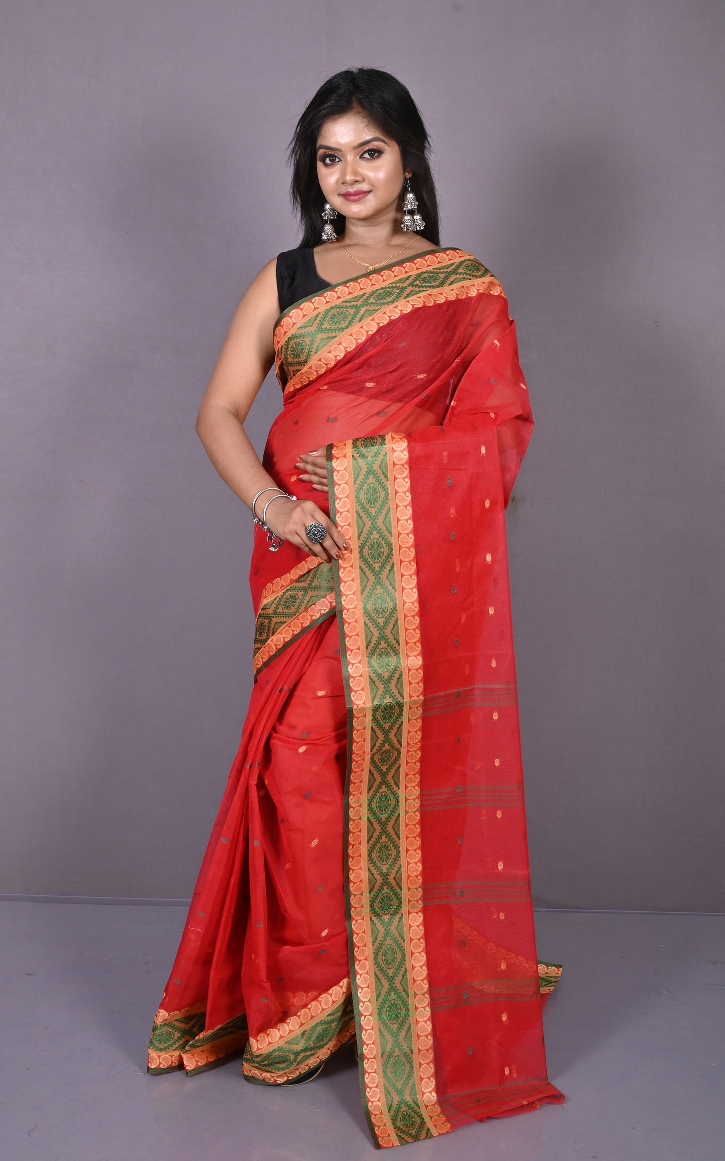 Thread Nakshi Woven Work Bengal Tangail Hazar Butti Cotton Saree in Red, Green and Warm Beige