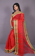 Thread Nakshi Woven Work Bengal Tangail Hazar Butti Cotton Saree in Red, Green and Warm Beige