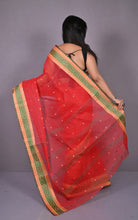 Thread Nakshi Woven Work Bengal Tangail Hazar Butti Cotton Saree in Red, Green and Warm Beige