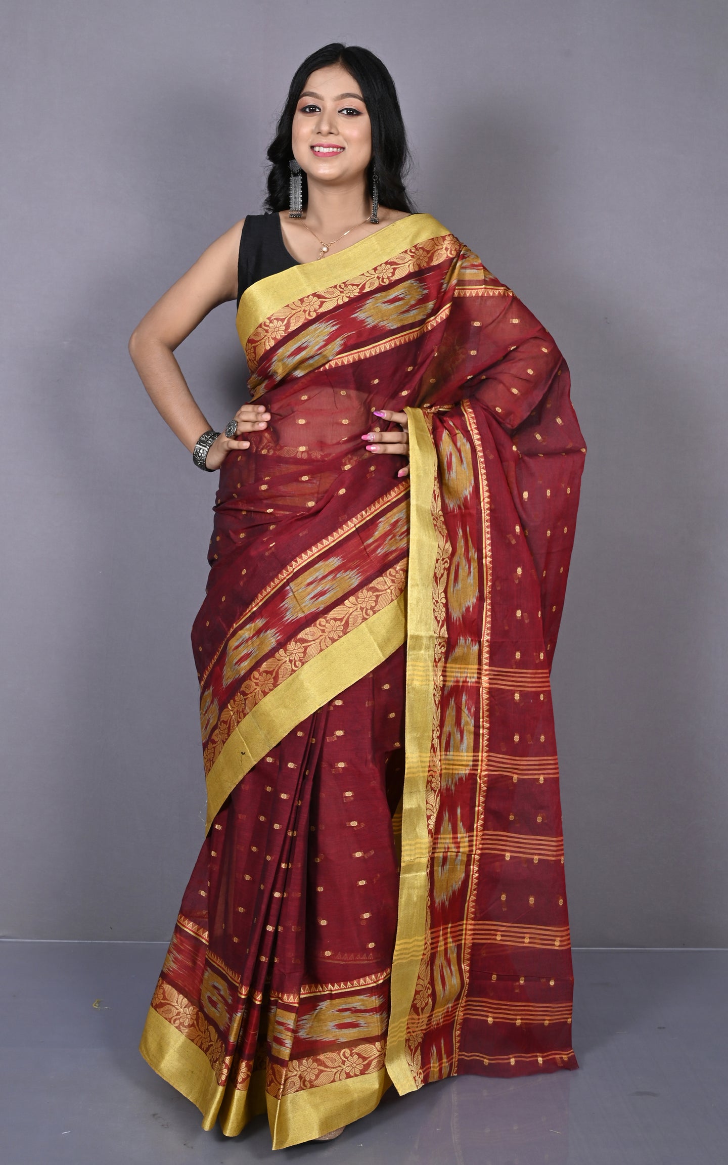 Designer Paisley Woven Nakshi Kotki Border with Polka Dots Butti Bengal Cotton Saree in Maroon, Yellow and Beige