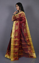 Designer Paisley Woven Nakshi Kotki Border with Polka Dots Butti Bengal Cotton Saree in Maroon, Yellow and Beige