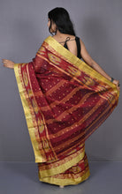 Designer Paisley Woven Nakshi Kotki Border with Polka Dots Butti Bengal Cotton Saree in Maroon, Yellow and Beige