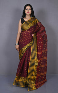 Stripe Border with Paisley Nakshi Work Bengal Tangail Hazar Butti Cotton Saree in Maroon Oak, Black and Golden Yellow