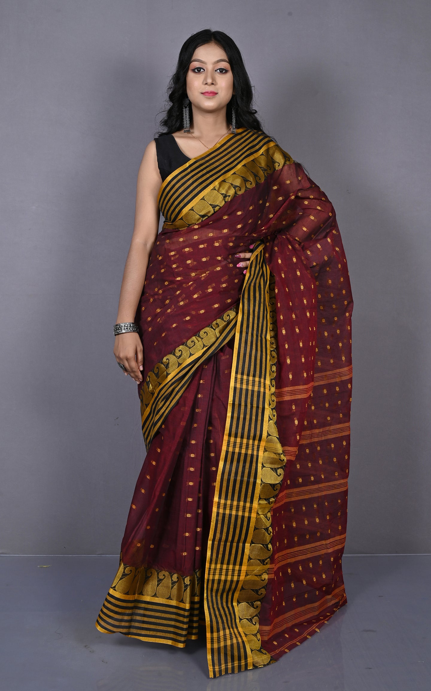 Stripe Border with Paisley Nakshi Work Bengal Tangail Hazar Butti Cotton Saree in Maroon Oak, Black and Golden Yellow
