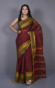 Stripe Border with Paisley Nakshi Work Bengal Tangail Hazar Butti Cotton Saree in Maroon Oak, Black and Golden Yellow