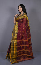 Stripe Border with Paisley Nakshi Work Bengal Tangail Hazar Butti Cotton Saree in Maroon Oak, Black and Golden Yellow