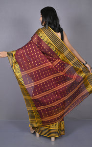 Stripe Border with Paisley Nakshi Work Bengal Tangail Hazar Butti Cotton Saree in Maroon Oak, Black and Golden Yellow
