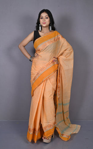 Designer Bengal Tangail Self Nakshi Katha Thread Work Cotton Saree in Cantaloupe, Brown and Sea Green