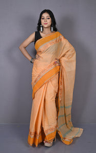 Designer Bengal Tangail Self Nakshi Katha Thread Work Cotton Saree in Cantaloupe, Brown and Sea Green