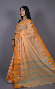 Designer Bengal Tangail Self Nakshi Katha Thread Work Cotton Saree in Cantaloupe, Brown and Sea Green