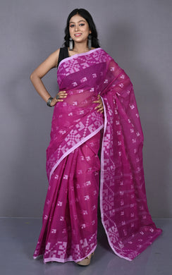 Designer Bengal Tangail with Block Geometric Work Cotton Saree in Purple and Off White