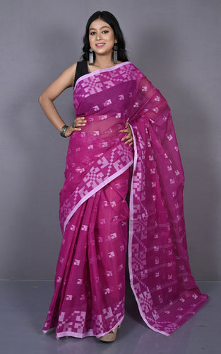 Designer Bengal Tangail with Block Geometric Work Cotton Saree in Purple and Off White