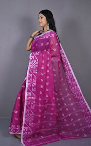 Designer Bengal Tangail with Block Geometric Work Cotton Saree in Purple and Off White