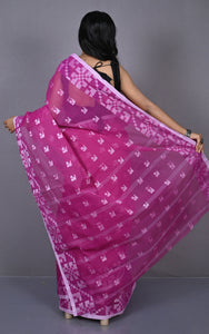 Designer Bengal Tangail with Block Geometric Work Cotton Saree in Purple and Off White