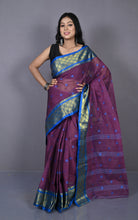 Bengal Tangail Hazar Butti Jacket Zari Nakshi Golden Border Cotton Saree in Wine Berry and Royal Blue