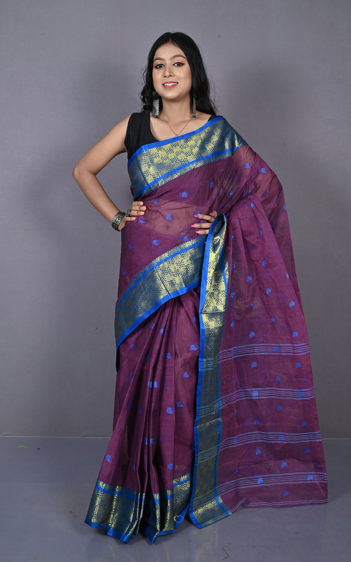 Bengal Tangail Hazar Butti Jacket Zari Nakshi Golden Border Cotton Saree in Wine Berry and Royal Blue