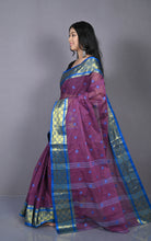 Bengal Tangail Hazar Butti Jacket Zari Nakshi Golden Border Cotton Saree in Wine Berry and Royal Blue