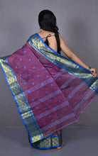 Bengal Tangail Hazar Butti Jacket Zari Nakshi Golden Border Cotton Saree in Wine Berry and Royal Blue