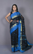 Designer Matta Border Bengal Tangail Hazar Butti Cotton Saree in Black and Blue