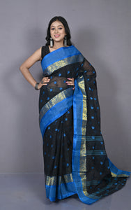 Designer Matta Border Bengal Tangail Hazar Butti Cotton Saree in Black and Blue