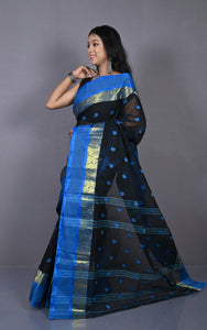 Designer Matta Border Bengal Tangail Hazar Butti Cotton Saree in Black and Blue