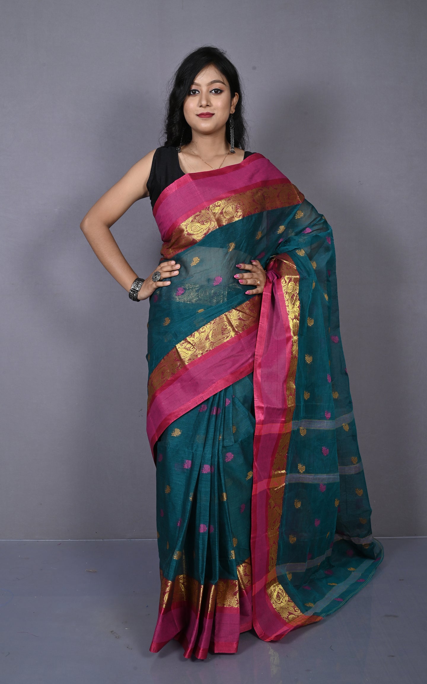 Designer Matta Border Bengal Tangail Hazar Butti Cotton Saree in Deep Sea Green and Royal Heath
