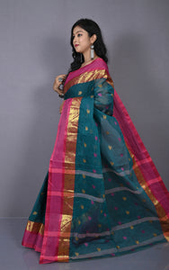 Designer Matta Border Bengal Tangail Hazar Butti Cotton Saree in Deep Sea Green and Royal Heath