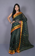 Floral Nakshi Work Border Bengal Tangail Hazar Butti Cotton Saree in Timber Green and Multicolored