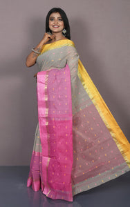 Designer Bengal Tangail Hazar Butti Cotton Saree in Greige, Yellow and Pink