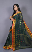 Floral Nakshi Work Border Bengal Tangail Hazar Butti Cotton Saree in Timber Green and Multicolored