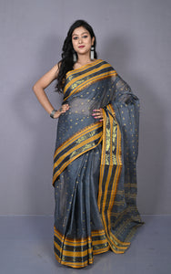 Designer Metro Nakshi Border Bengal Tangail Hazar Butti Cotton Saree in Davy Grey and Reef Gold