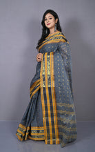Designer Metro Nakshi Border Bengal Tangail Hazar Butti Cotton Saree in Davy Grey and Reef Gold